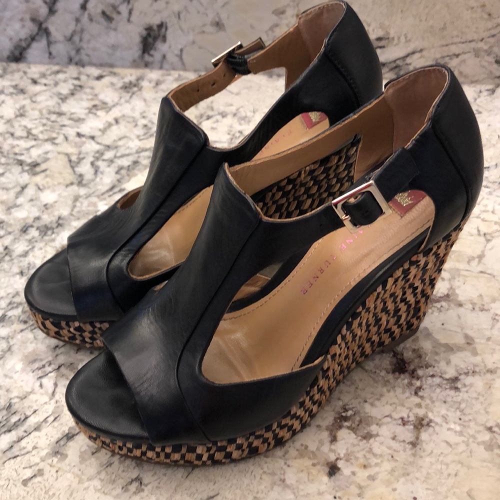 Black leather Elaine Turner T-Strap Wedges